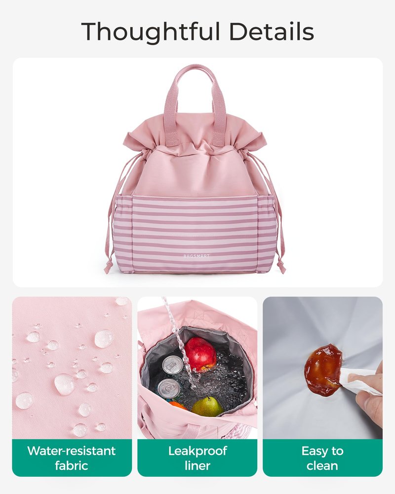 BAGSMART Lunch Bag Women Cute Lunch Box Drawstring Tote Cooler with Multi-Pockets Cinch Closure Insulated Tote for Work, Office, Outdoors
