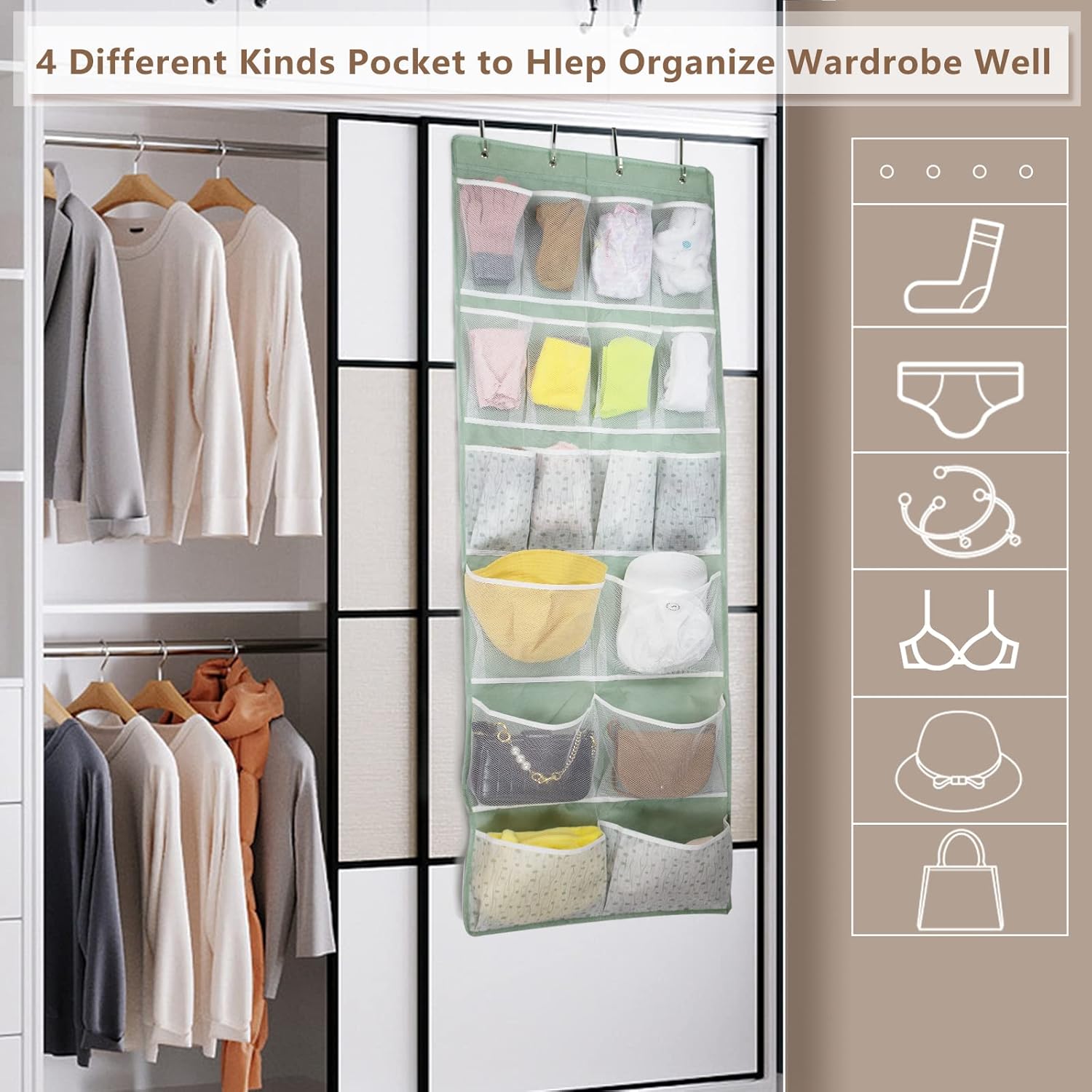 Skiennix 18-Pocket Over-The-Door Organizer - Versatile Storage for Shoes, Socks, Hats & More | Green