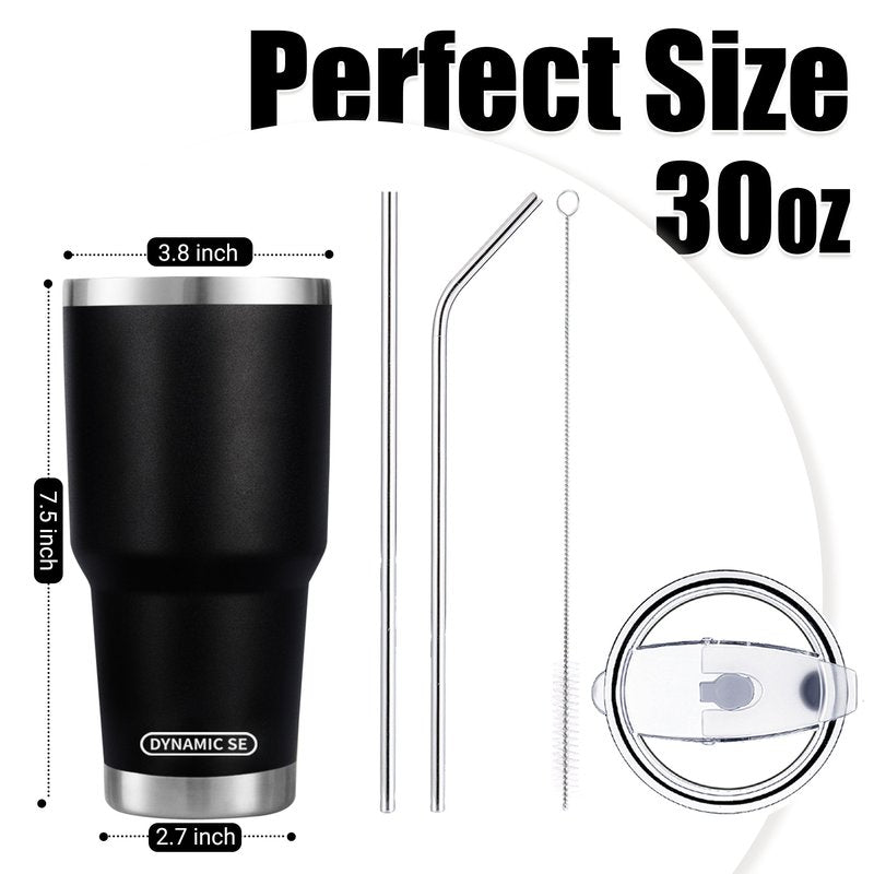 D·S 30 oz Black Tumbler Stainless Steel Double Wall Vacuum Insulated Mug with Straw and Lid, Cleaning Brush for Cold and Hot Beverages