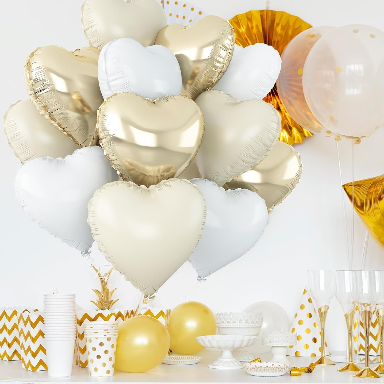 Skiennix Heart Balloons - 12Pcs Cream White & Gold Foil Balloons | 18-Inch Beige Helium Decor for Baby Showers & Weddings