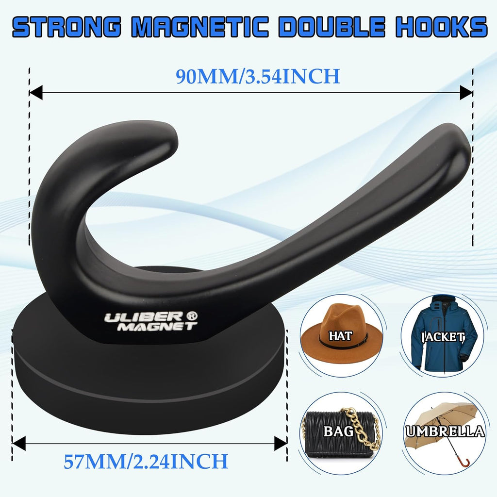 ULIBERMAGNET Strong Magnetic Coat Hooks - Heavy Duty Double Hooks for Coats, Towels & Keys | Black, 2 Pack
