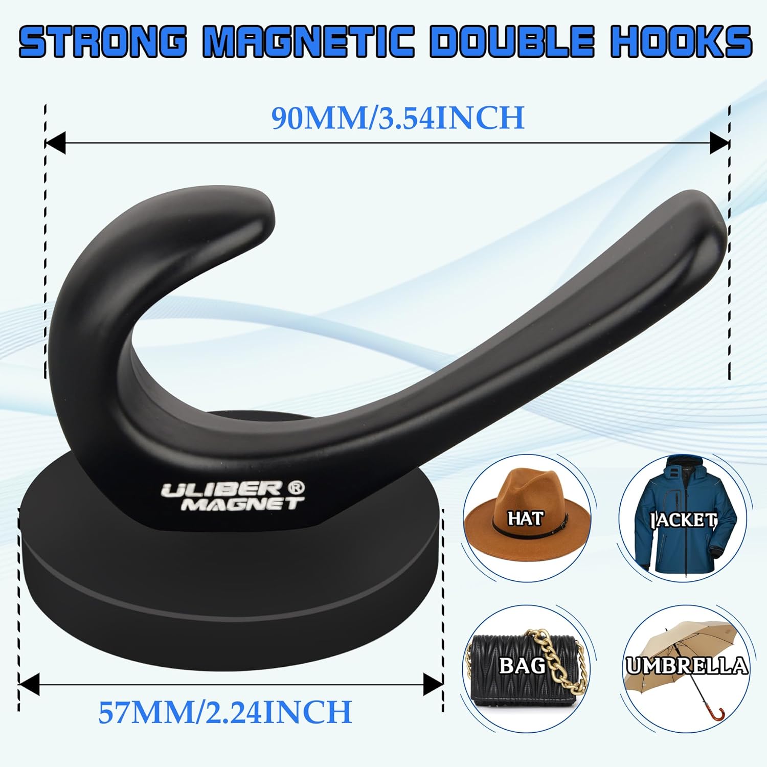 ULIBERMAGNET Strong Magnetic Coat Hooks - Heavy Duty Double Hooks for Coats, Towels & Keys | Black, 2 Pack