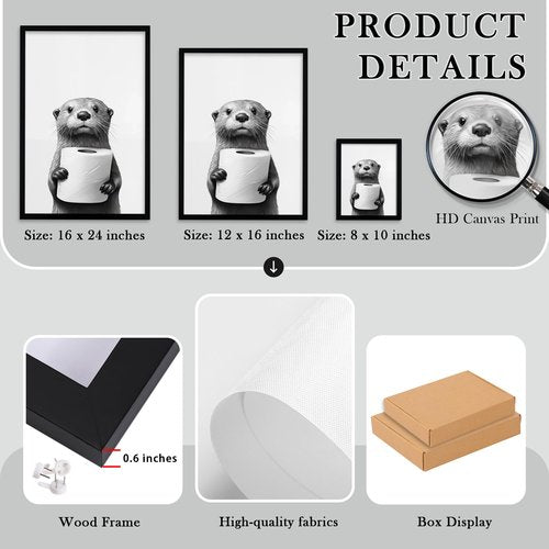 Framed Black and White Bathroom Canvas Wall Art, Funny Animal Bathroom Decor Cute Otter Holding A Roll of Toilet Paper Picture Modern Humor Painting Wall Decor Ready to Hang 24'' x 16''