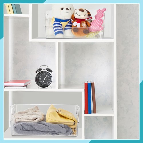 Menkxi 4 Pcs Clear Large Storage Book Display Case 13 x 8.5 x 5.9 Inch Book Organizer Stackable Bookcase Display Storage Containers with Handle Office Bookshelf Organizer Rack for CDs Magazine