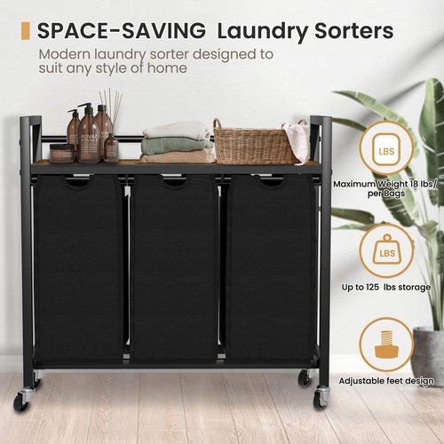 SwaaVee Laundry Hamper, Laundry Basket, Laundry Sorter with 3 Removable Bags, Clothes Basket with 3 Compartments, Wheels, Shelf for Laundry Room Bathroom Bedroom (3 Bags-Black)