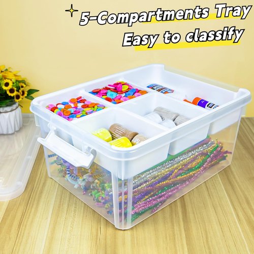 Creahaus 17 Quart Plastic Storage Box - Durable Craft Organizer with Removable Tray | Clear
