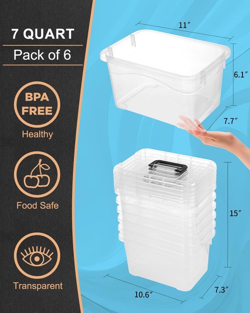 EOENVIVS Plastic Storage Bins - 7 Quart Stackable Organizer Bins with Black Buckle Lids | 6 Pack Clear for Home & Office