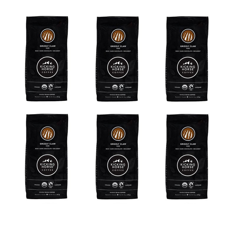 Kicking Horse Coffee, Grizzly Claw, Dark Roast, Whole Bean, 10 oz - Certified Organic, Fairtrade, Kosher Coffee (Pack of 6) (Packaging may vary),10 Ounce (Pack of 6)