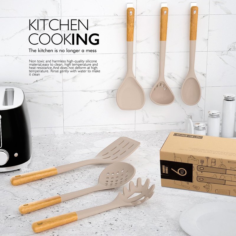 Large Silicone Cooking Utensils Set - Heat Resistant Silicone Kitchen Utensils for Cooking w Wooden Handles, Spatula Set, Kitchen Utensil Gadgets Sets for Non-Stick Cookware, BPA Free (Black)