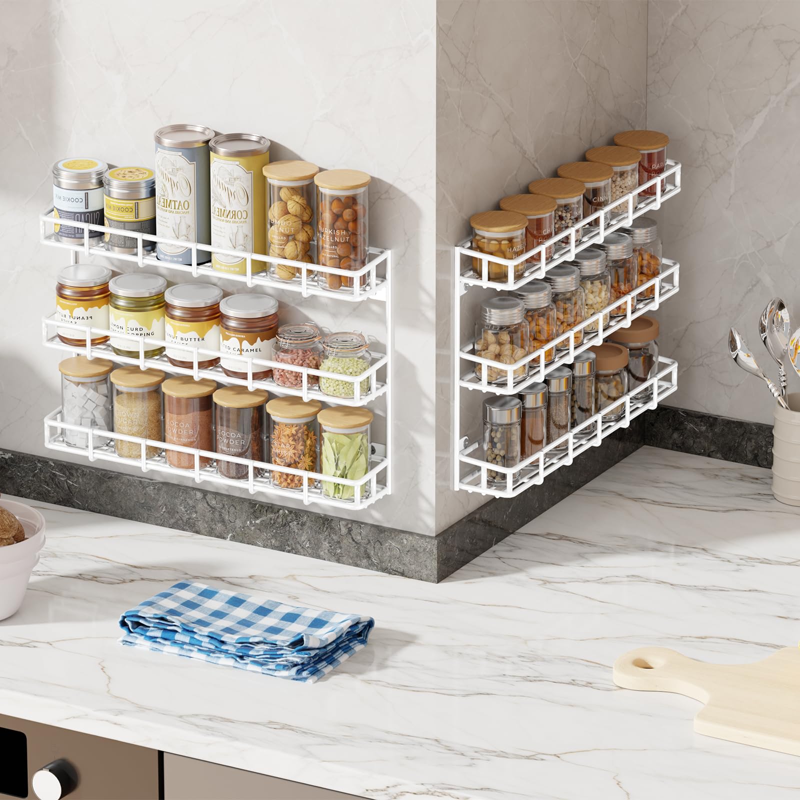 SUFAUY Wall Mounted Spice Rack, 6 Tier Heavy-Duty Metal Shelf for Kitchen Pantry, White