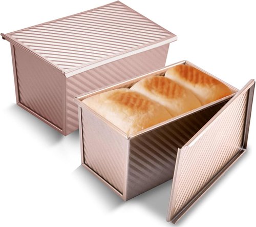 KITESSENSU Non-Stick Pullman Loaf Pan with Lid - 2 Pack, 1 lb Capacity, Gold Carbon Steel Bakeware