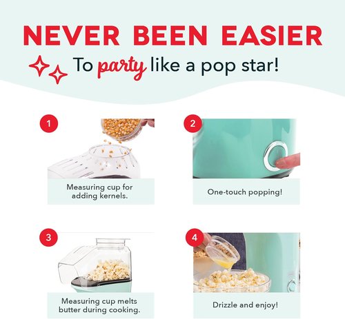DASH Fresh Pop Popcorn Maker - Oil-Free Air Popper with Measuring Cup & Recipe Guide | 16 Cups, Red