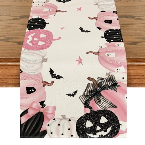 Artoid Mode Pink Jack-O-Lantern Pumpkin Bat Halloween Table Runner, Holiday Kitchen Dining Table Decoration for Indoor Outdoor Home Party Decor 13x120 Inch