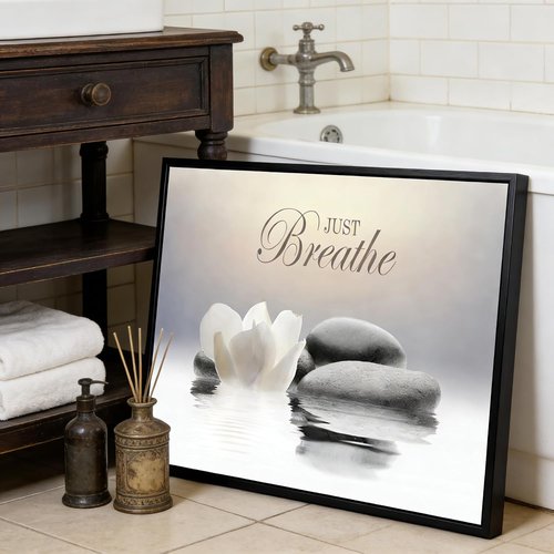 MKCIPJWC Zen Stone Wall Art - Just Breathe Yoga Quotes Canvas Print | Black Framed 12x16 Inch