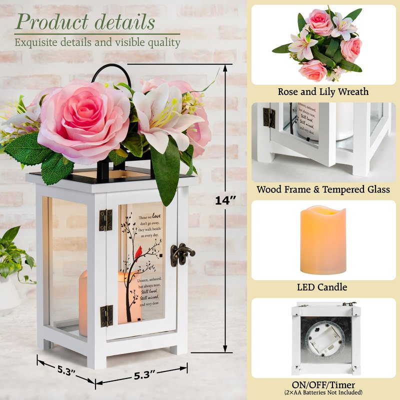 HN HAIINAA Memorial Lantern Sympathy Gift Bereavement Gift Idea with Sympathy Rose Flowers for Loss of Loved One Memorial Gift for Loss of Mother Father Brother Sister Husband