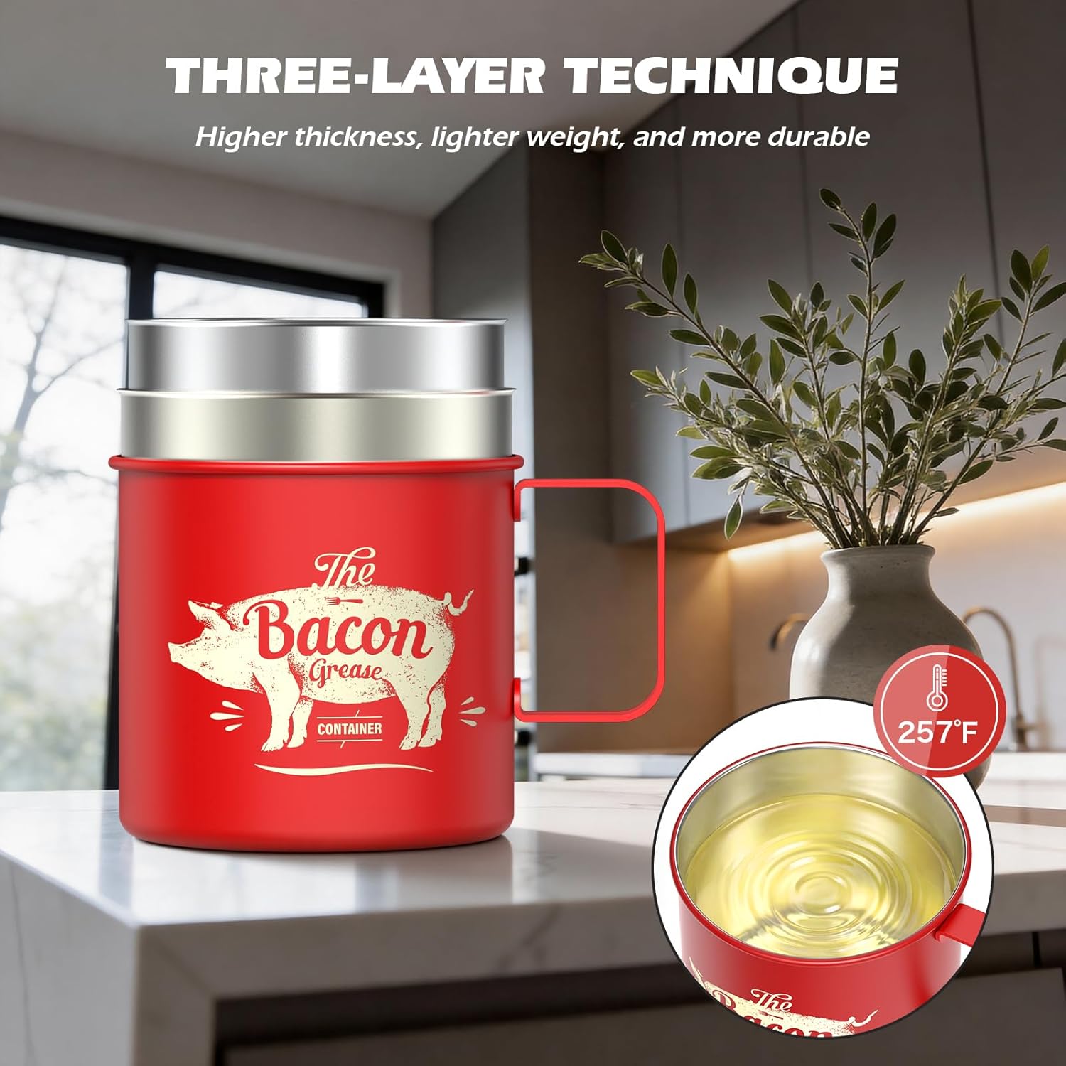 PGYARD Mini Bacon Grease Saver - 20 Oz Stainless Steel Oil Container | Dishwasher Safe Red Bacon Grease Keeper