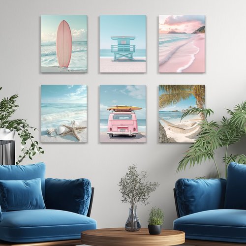 Pink Beach Scene Wall Art Surfboard 6 Piece Beachy Coastal Scene Prints, Tropical Relaxing Days Summer Print Canvas Artworks For Bedroom Girls Room Décor - Ready to Hang - Framed, Set of 6, 8x10Inch