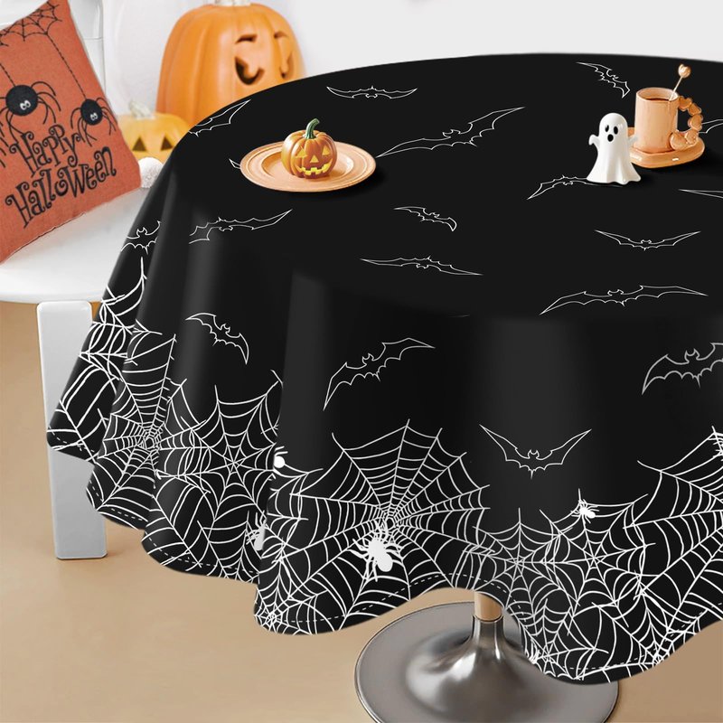QIALETS Halloween Tablecloth Round 70 inch Black Spider Web Hollow Bat Cobweb Table Covers for Outdoor Indoor Party Decorations