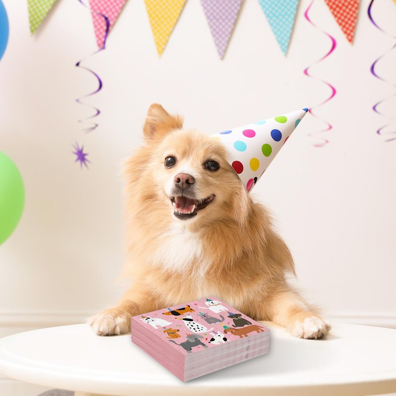JarThenaAMCS 100 Sheets Dog Party Napkins Pink Cocktail Paper Napkins Cute Puppy Disposable Beverage Napkin for Pet Animal Party Drink Table Decor Supplies