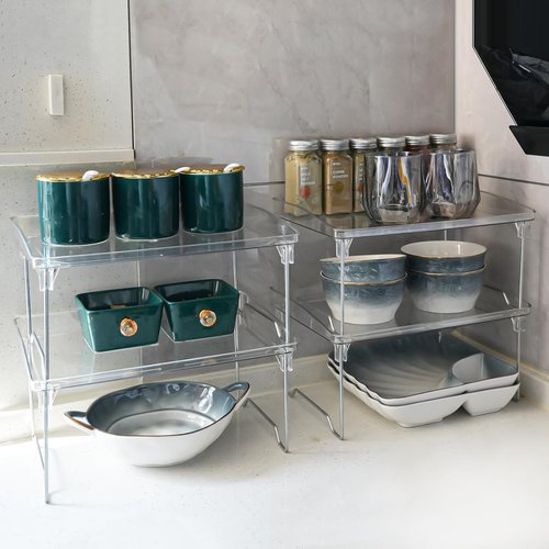HTRYBNES 4 Pack Cabinet Organizer Shelf, Stackable Kitchen Counter Shelves, Clear Plastic Shelf Riser, Foldable Spice Rack for Bowls, Mugs, Plates, Spice, Pantry Organizer (11.6 x 8.2 x 5.9 inches)