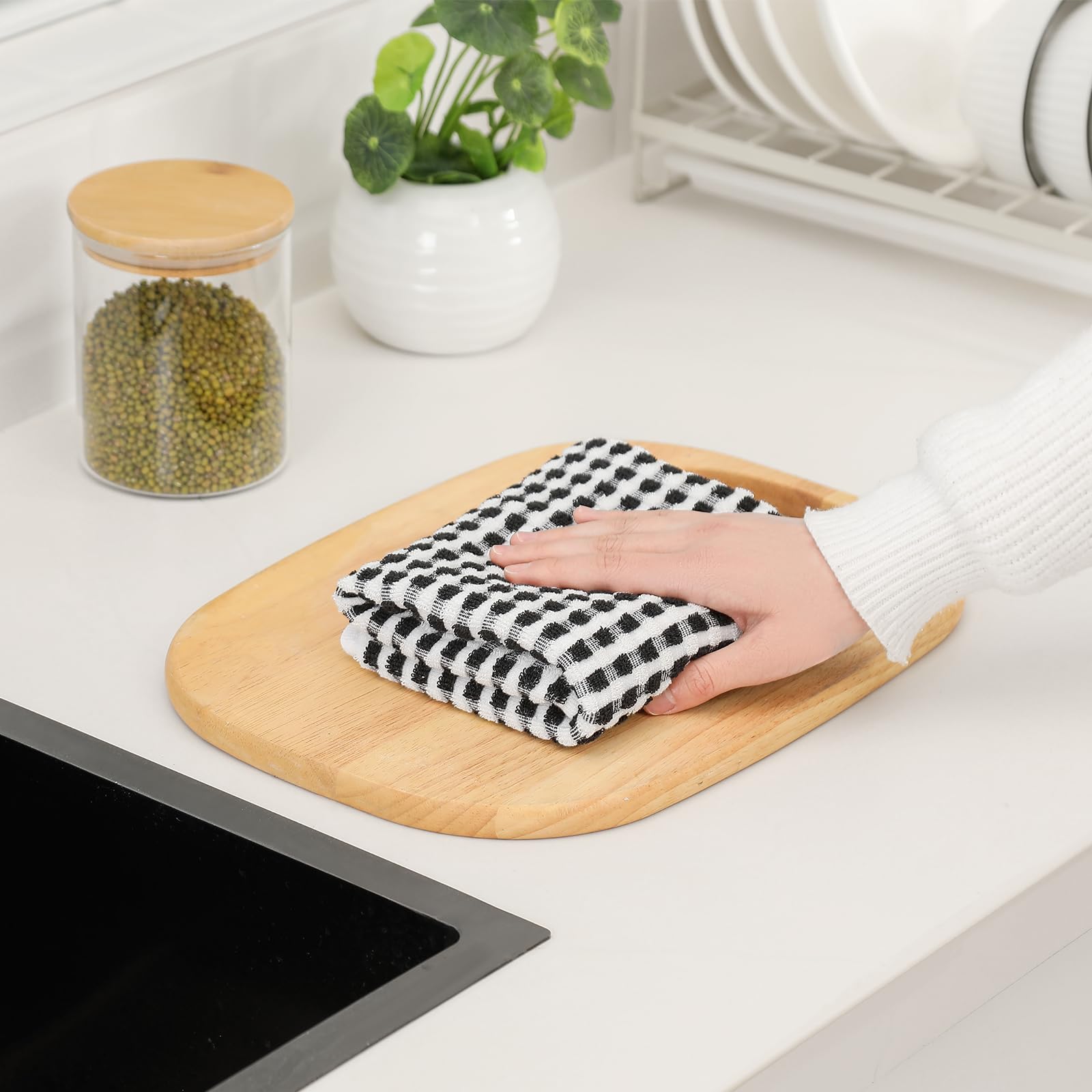 SALAS Cotton Dish Towels Cloths for Kitchen Drying Dishes, Lattice Terry Kitchen Towels, Absorbent Cloths with Hanging Loop, 16‘’ x 26‘’, 4 Packs, Wine Red and Black