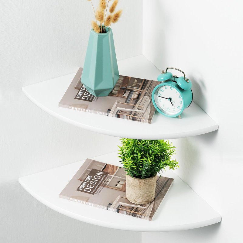 BEUGAWHOO White Corner Shelf, Wall Mount 12inch Natural Oak Wood Floating Corner Wall Shelf Round End Small Corner Nightstand Plant Shelf for Bedroom, Kitchen, Living Room Set of 2