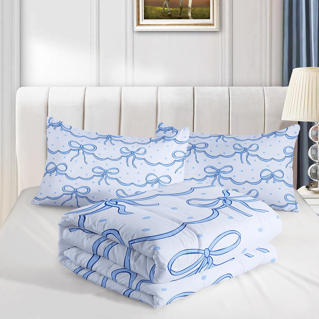QOOMO 3Pcs Bow Comforter Set Full,Blue Bow Bedding Set for Teens Boys Girls,Blue Bow Dots Printed Comforter with 2 Pillowcases,Down Alternative,Soft and Lightweight