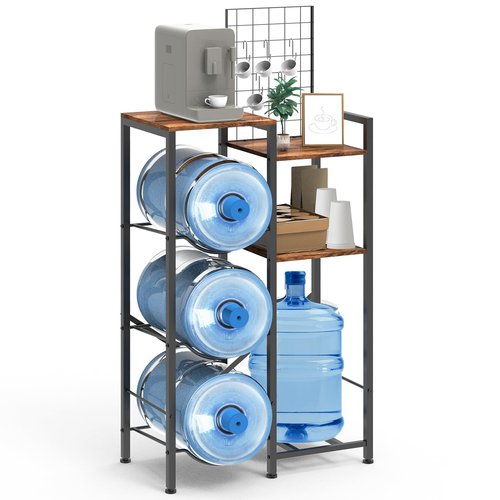 Water Bottle Holder Organizer 5 Gallon Water Jug Holder 5 Cup Hooks Heavy Duty Water Dispenser Stand Rack with Storage Shelves Water Cooler Jug Rack for Kitchen, Office, Living Room, Rustic Brown