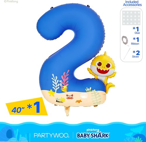 Baby Shark | PartyWoo 40-Inch Blue Foil Number 2 Balloon - Mylar Helium Birthday Decoration for Kids