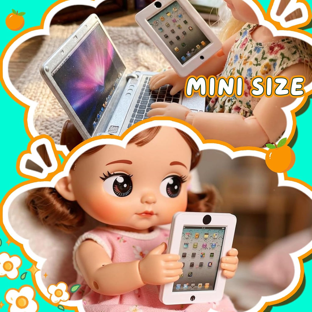 Skiennix Dollhouse Mini Laptop, Tablet & Smartphone Set - 3 Pack Silver Accessories for 1/6 & 1/12 Scale