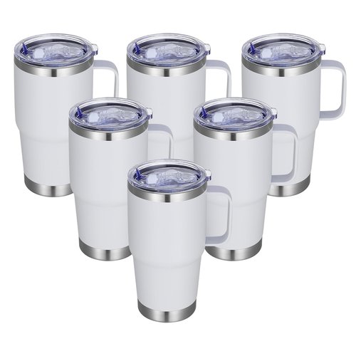 Abbrevi 20 oz Stainless Steel Tumbler with Handle Bulk Metal Insulated Tumblers Travel Coffee Mug with Handle Double Wall Tumbler Cup with Lid and Straw, White 6 Pack