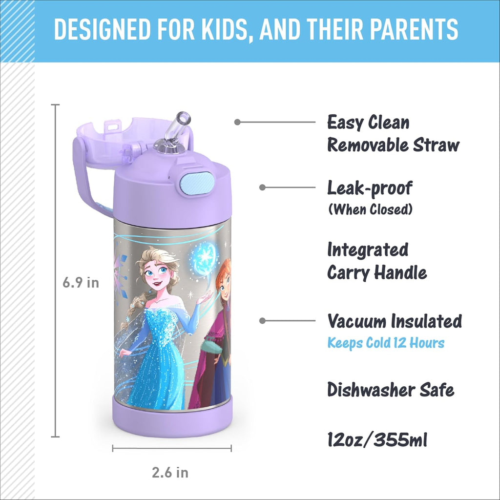 THERMOS FUNTAINER Water Bottle - 12 Ounce Stainless Steel Vacuum Insulated with Straw | Frozen 2 Design