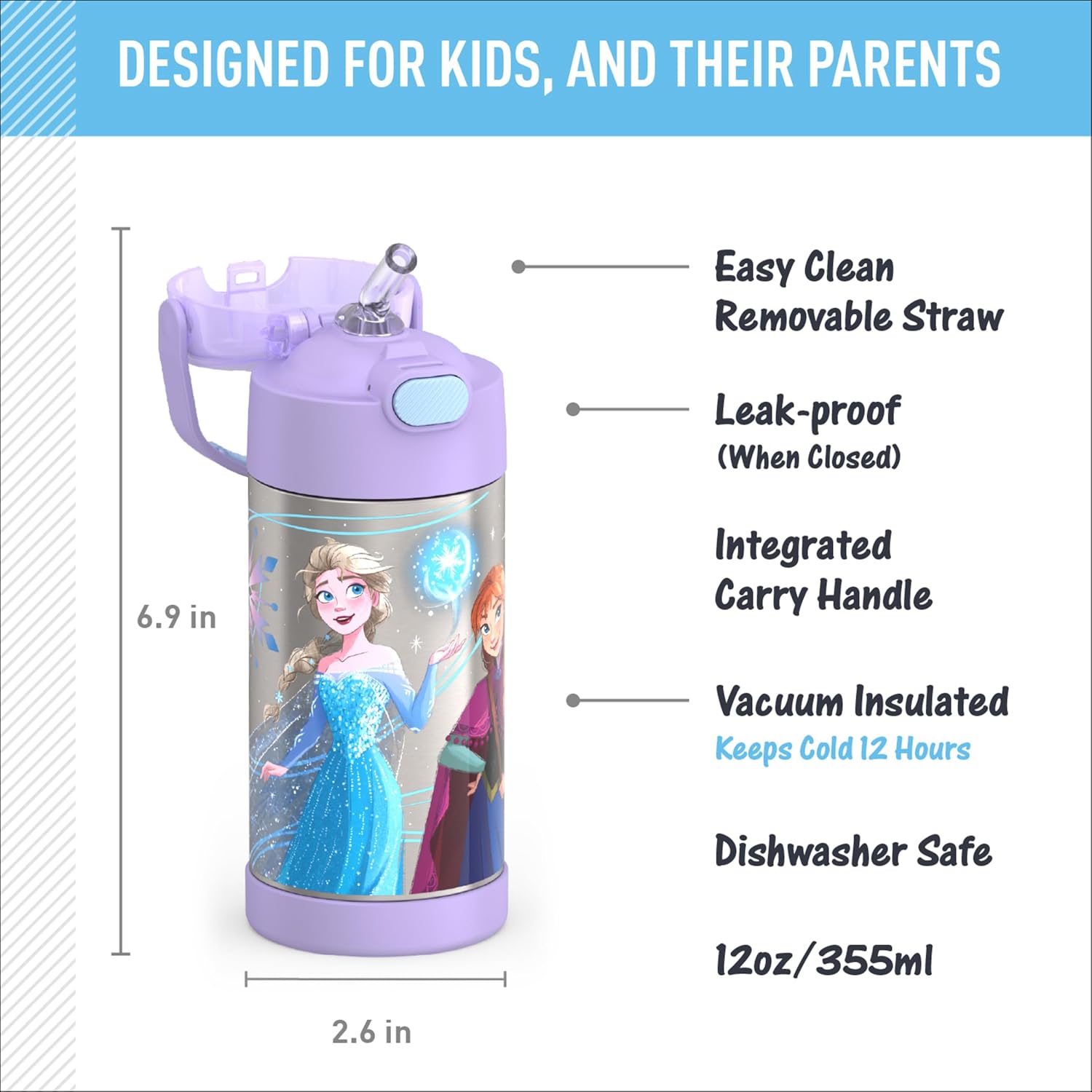 THERMOS FUNTAINER Water Bottle - 12 Ounce Stainless Steel Vacuum Insulated with Straw | Frozen 2 Design