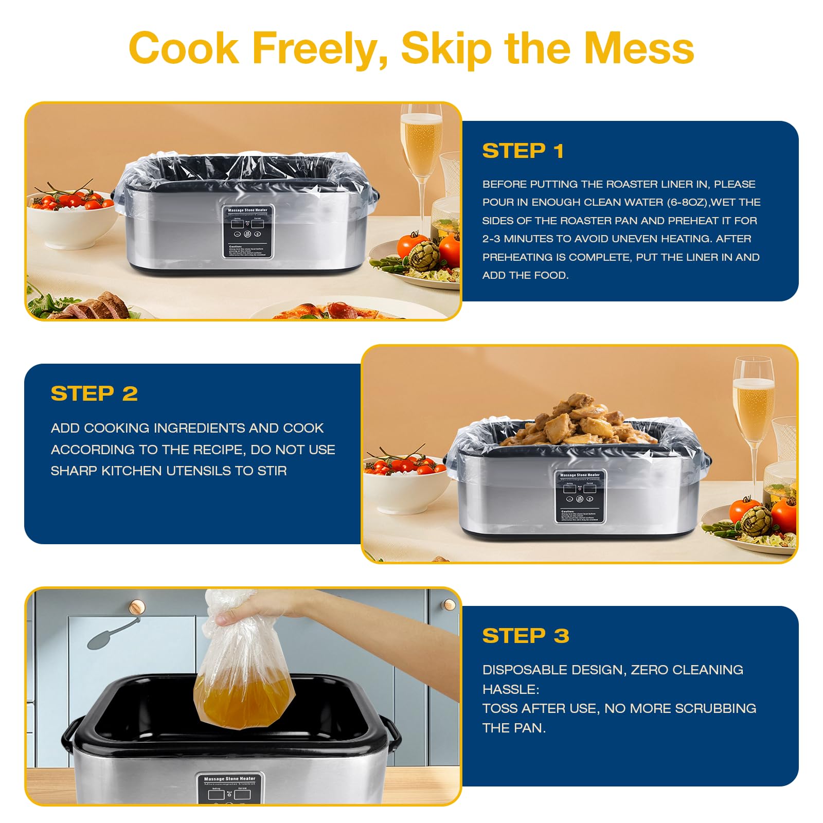 XSTWVM Electric Roaster Liners 34x18 Inch, 20 Count Disposable Roaster Liners Fits 16-22 Qt Roasters, Roaster Pan Oven Liners Plastic Cooking Bags for Instant Cleanup