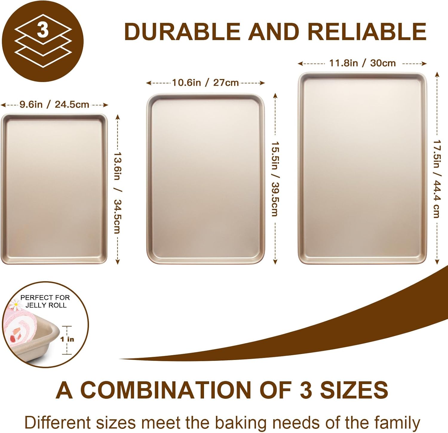 Skiennix Baking Sheet Pan Set - Nonstick Commercial Cookie Sheets | Heavy Duty Easy Clean, Champagne Gold