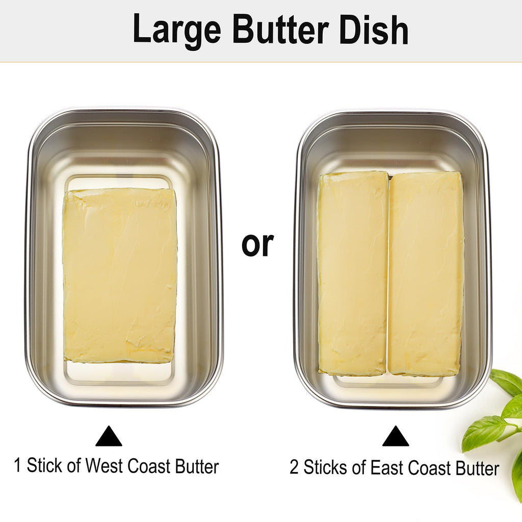 BSTKEY Butter Dish with Lid for Countertop, Stainless Steel Butter Holder Container with Silicone Sealing, Butter Keeper for Kitchen, Holds 1 Stick West or 2 Sticks East Coast Butter