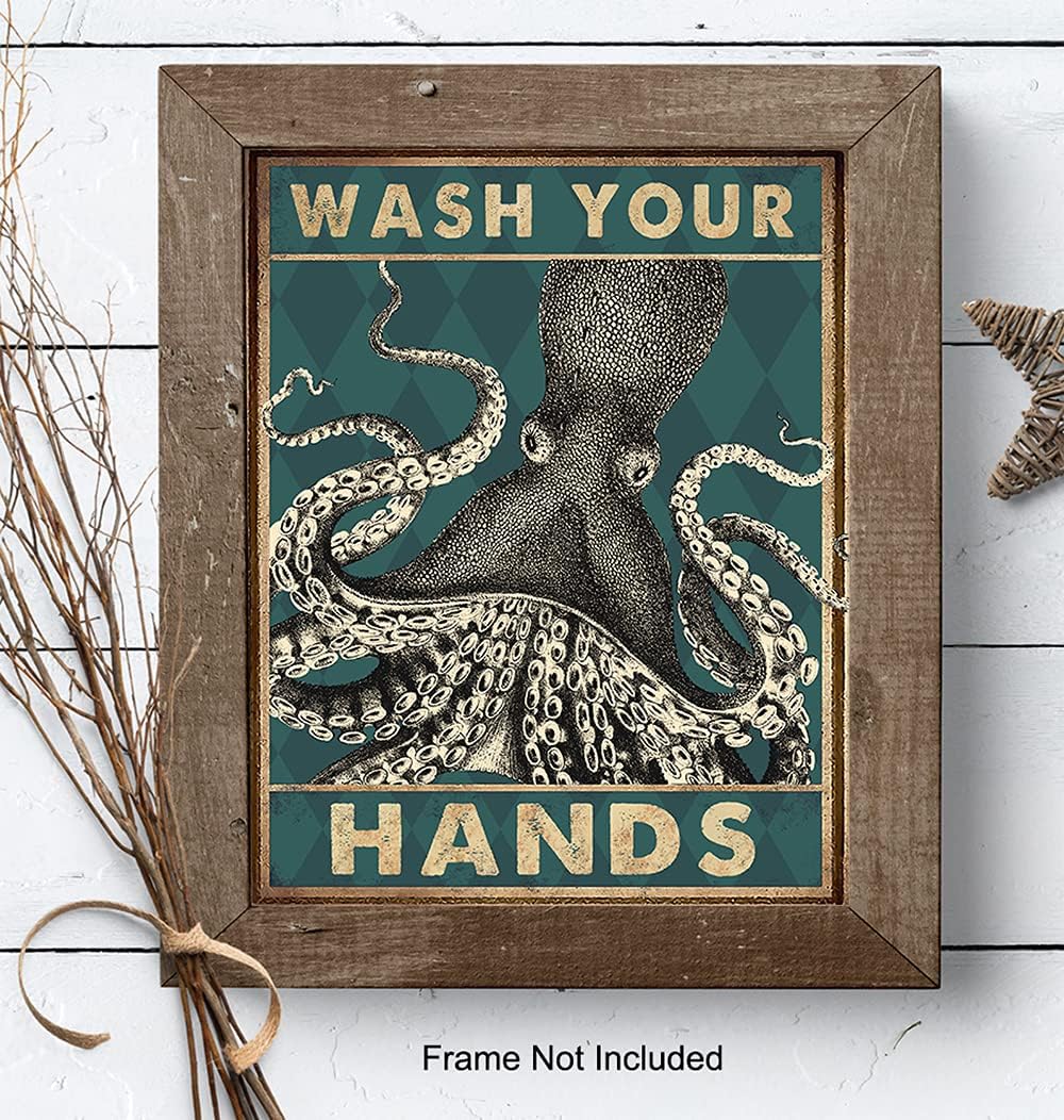 Octopus Nautical Bathroom Wall Art - Funny Beach Decor | Unique Wash Your Hands Sign - Cute Restroom Artwork