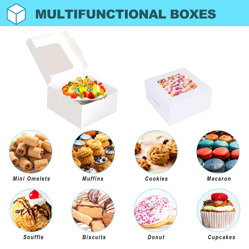 Zzrywuty 50 Packs 5x5x2.5in White Cookie Boxes, Bakery Boxes with Window, Mini Cake Boxes, Food Container Boxes for Cookies, Pastry, Pie, Strawberries, Donuts, Candy, Desserts, Small Cake