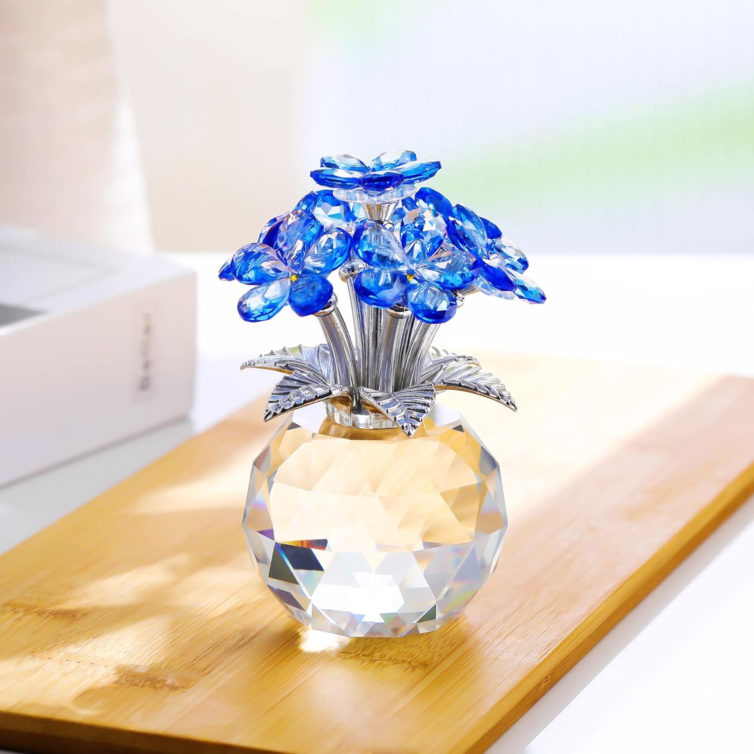 YWHL Blue Crystal Forget Me Not Flowers - Handmade Glass Bouquet Figurine | Perfect Gift for Women