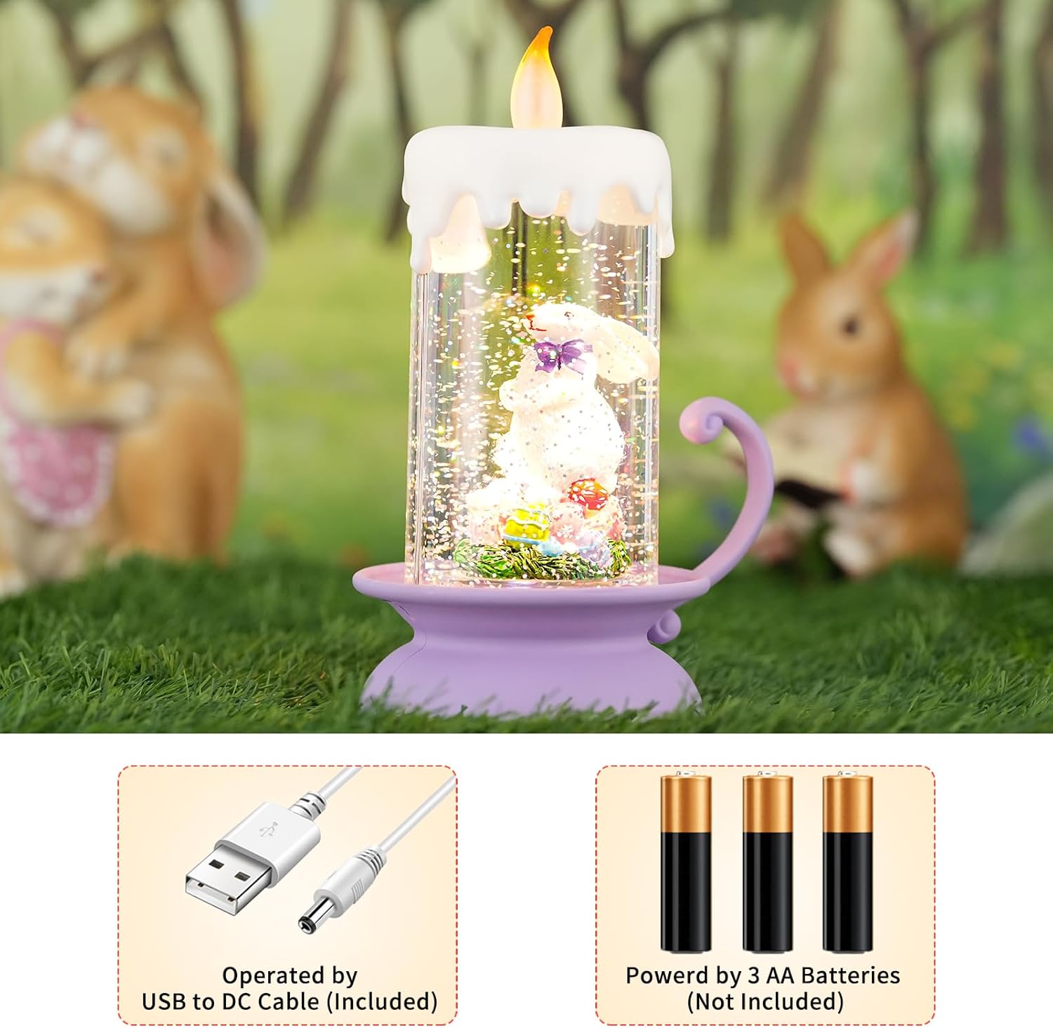 Regine Switzerland Easter Snow Globe Bunny Lantern - Swirling Glitter, USB & Battery Operated Decor