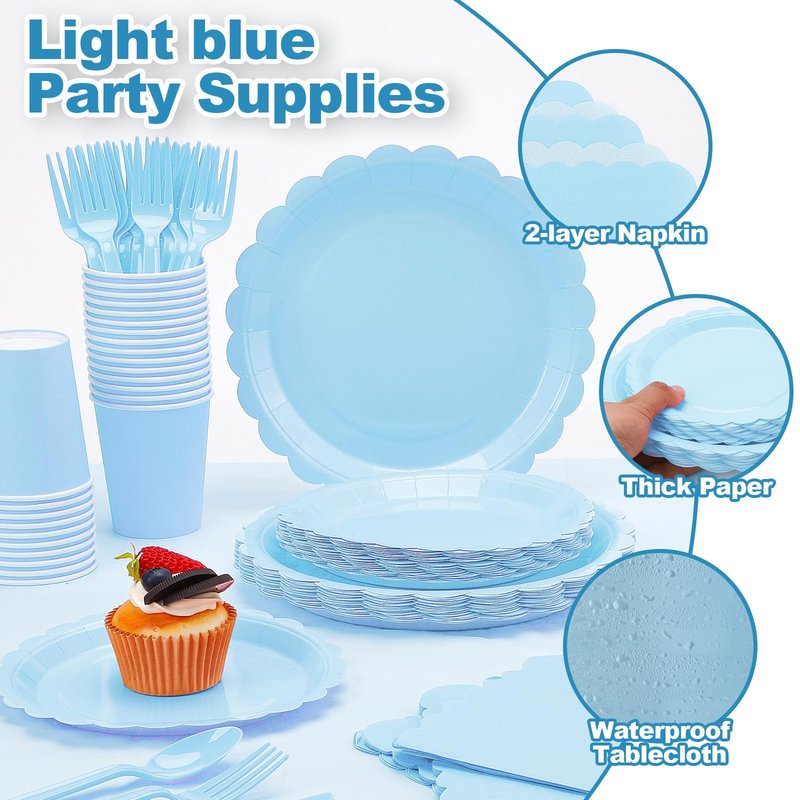 176 Pcs Light Blue Paper Plates and Napkins, Easter Plates Blue Party Supplies Include Light Blue paper plates Napkins Cup Plastic Tablecloth Spoon Fork Knives for Birthday Wedding Baby Shower