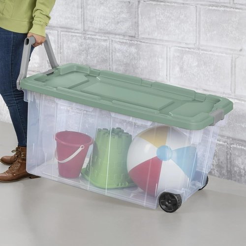 Extra Large Wheeled Storage Bin - 160 Quart Durable Clear Container with Latch Lid & Handle | Light Green, 2 Pack