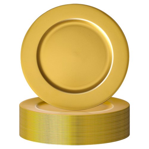 Hoemwarm 36 Pcs Golden Charger Plates Bulk 13 Inch Plastic Gold Plates Dinner Round Tray Charger Tableware Dish for Table Setting Wedding Holidays Party Decor