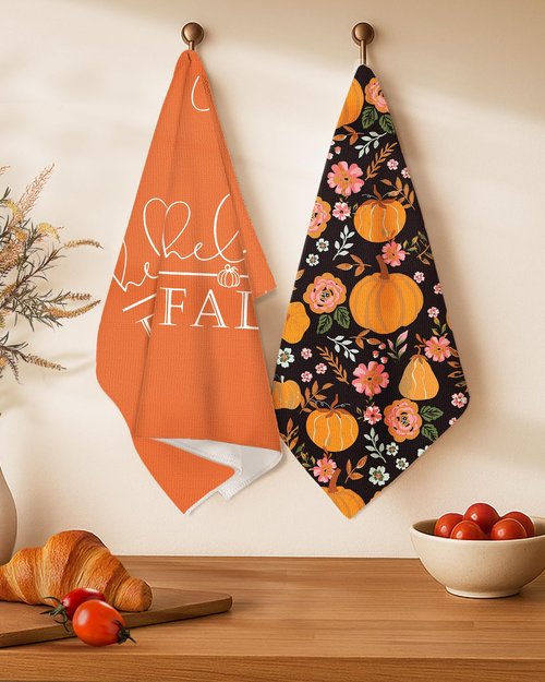 Miss Adola Fall Kitchen Towels Set of 2 - Fall Kitchen Dish Towels 18x26 Inches Microfiber Decorative Autumn Themed Towel for Thanksgiving Harvest, Absorbent Hand Towel with Hanging Loop, Oil Pumpkin