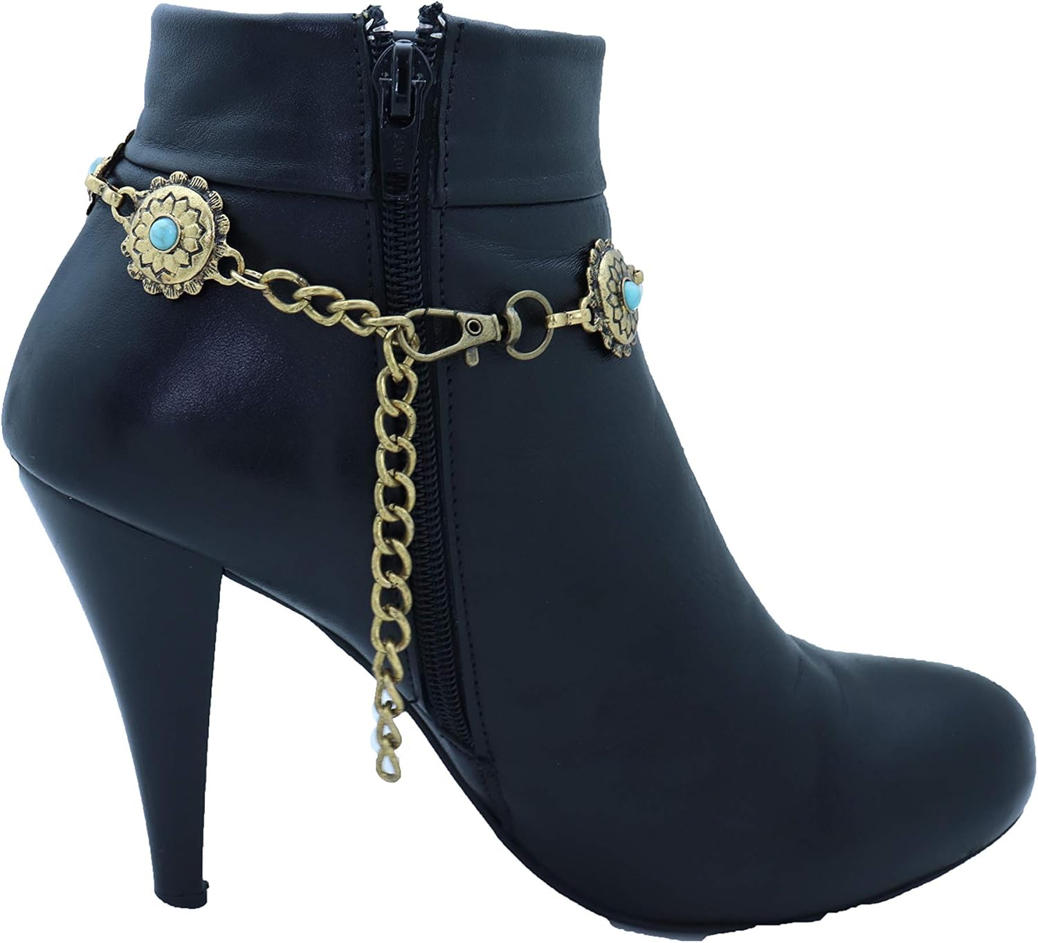 TrendyFashionJewelry Boot Chain Bracelet | Western Bohemian Anklet with Blue Flower Charm in Antique Gold