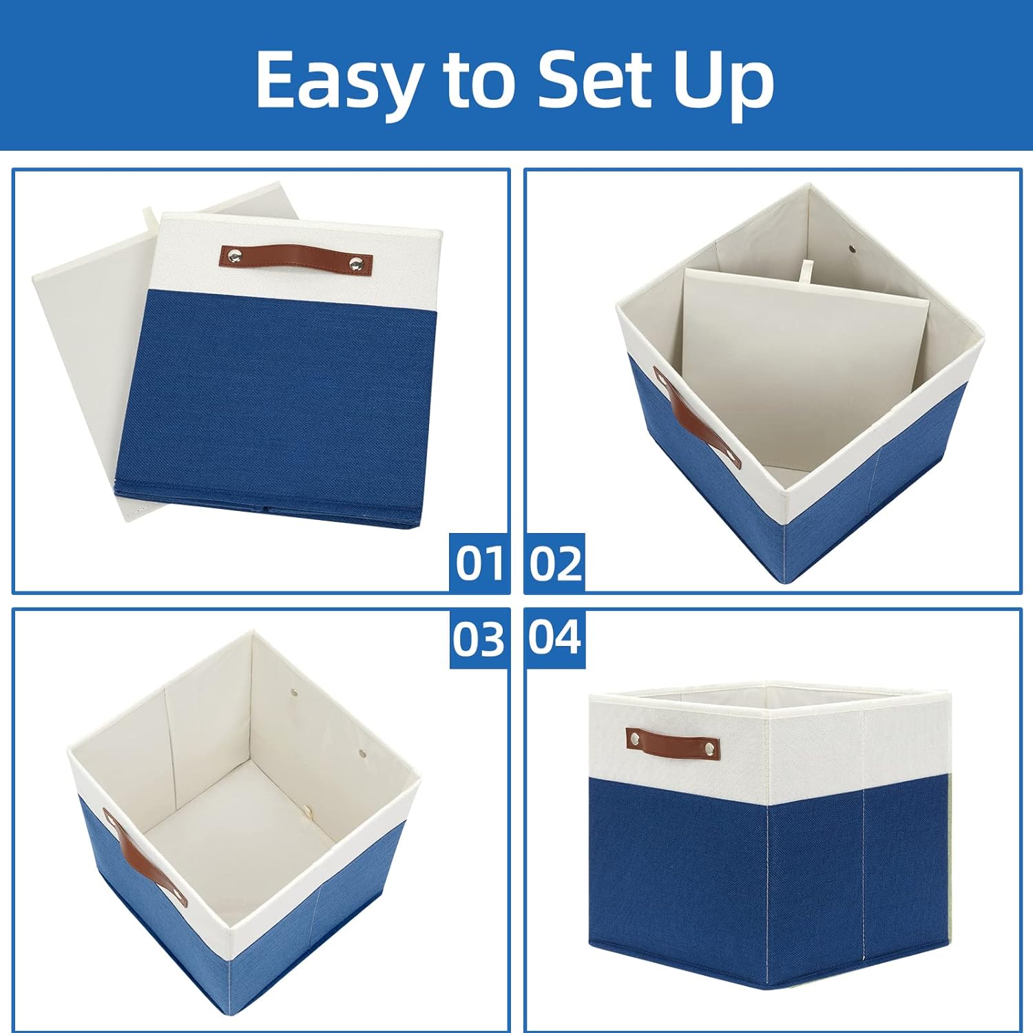 Temary Collapsible Storage Boxes - 12x12 Blue Cube Bins with Handles for Home Organization