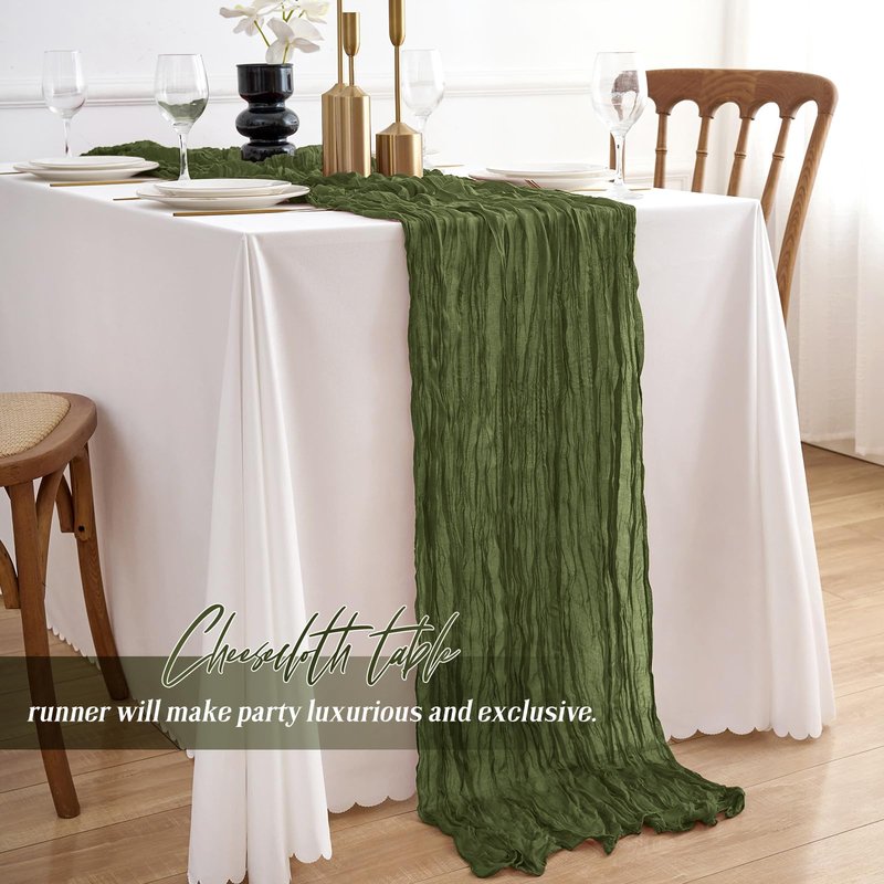 JEZID 4 Pack Olive Green Cheesecloth Table Runner 10FT Boho Rustic Gauze Cheesecloth 120 inch Cheese Cloth Runner for Wedding Bridal Baby Shower Party Home Decoration