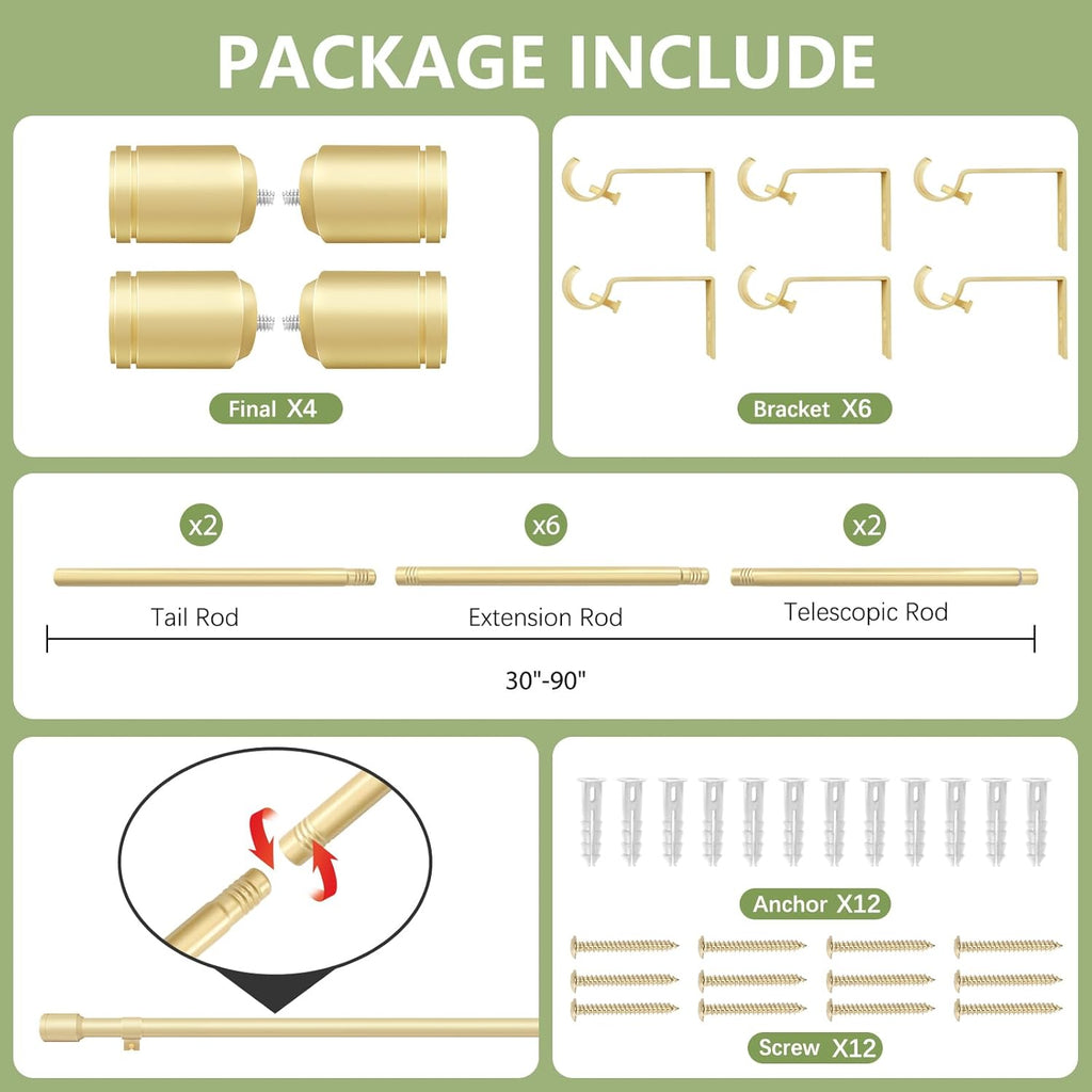 Skiennix Adjustable Gold Curtain Rods - 30-90 Inch for 30-84 Inch Windows | 2 Pack with Brackets