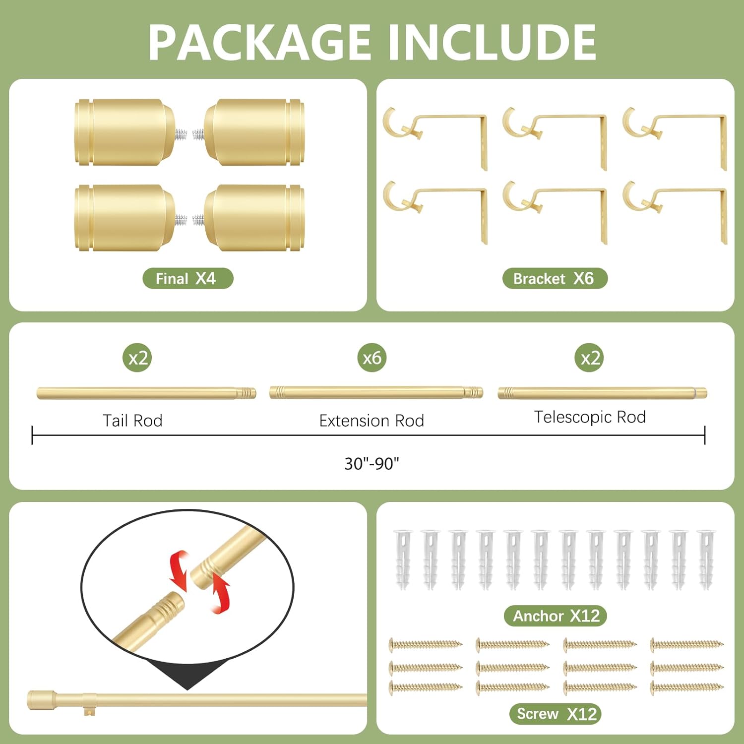 Skiennix Adjustable Gold Curtain Rods - 30-90 Inch for 30-84 Inch Windows | 2 Pack with Brackets