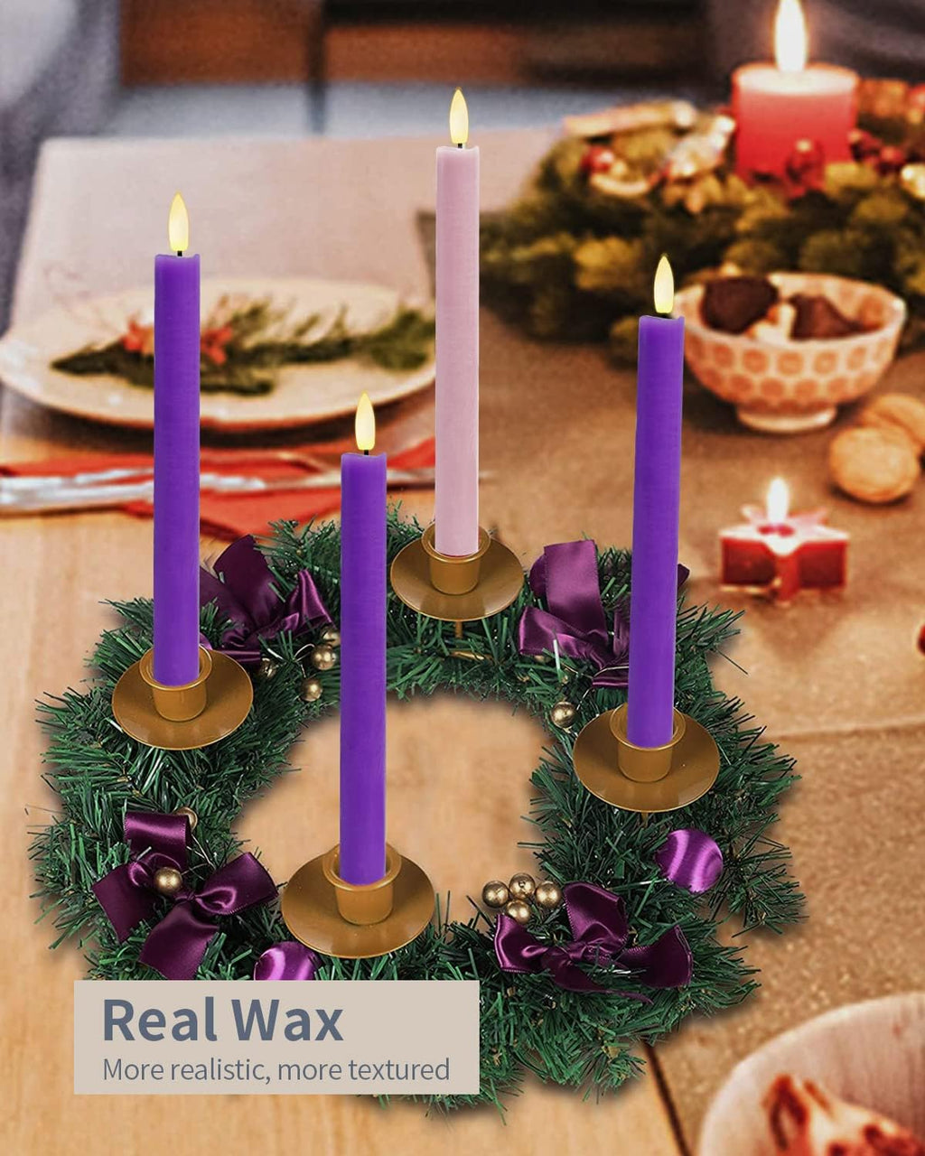 SHYMERY Flameless Taper Candles - Real Wax LED with Remote Timer | Set of 4 Purple & Pink for Thanksgiving & Christmas
